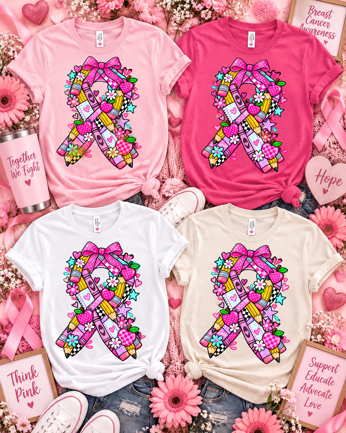 🎀 Teacher Breast Cancer Awareness Shirt – School Supplies Ribbon Tee