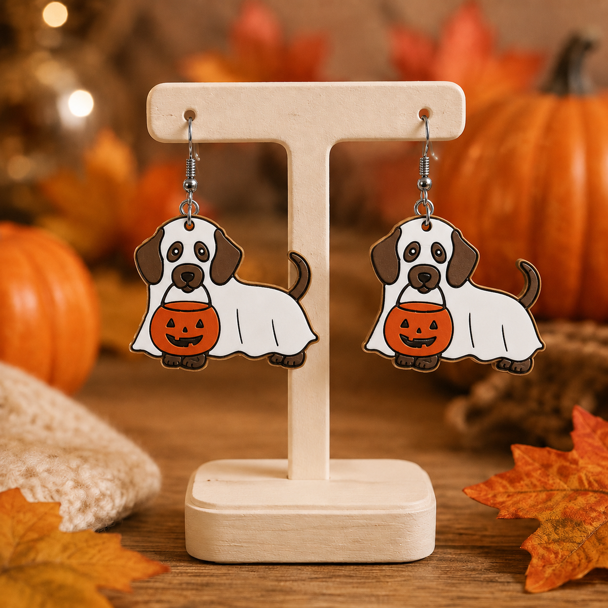 Fall Dachshund Ghost Earrings with Pumpkin