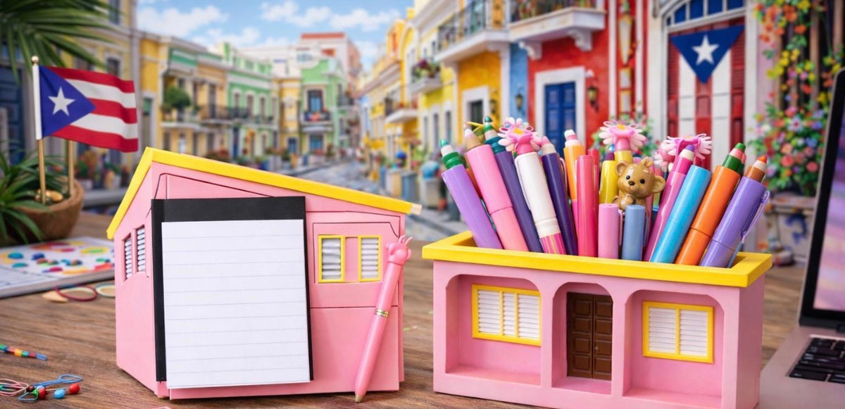3D Puerto Rico “La Casita” Desk Organizer Set – Pencil Holder, Sticky Notes & Keychain