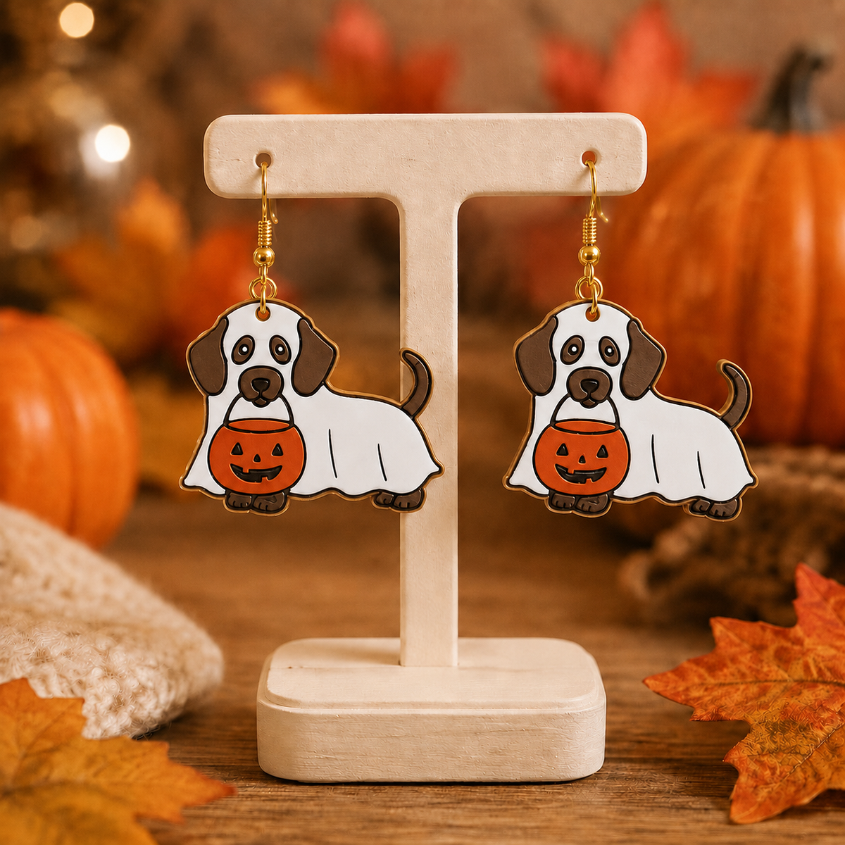Fall Dachshund Ghost Earrings with Pumpkin
