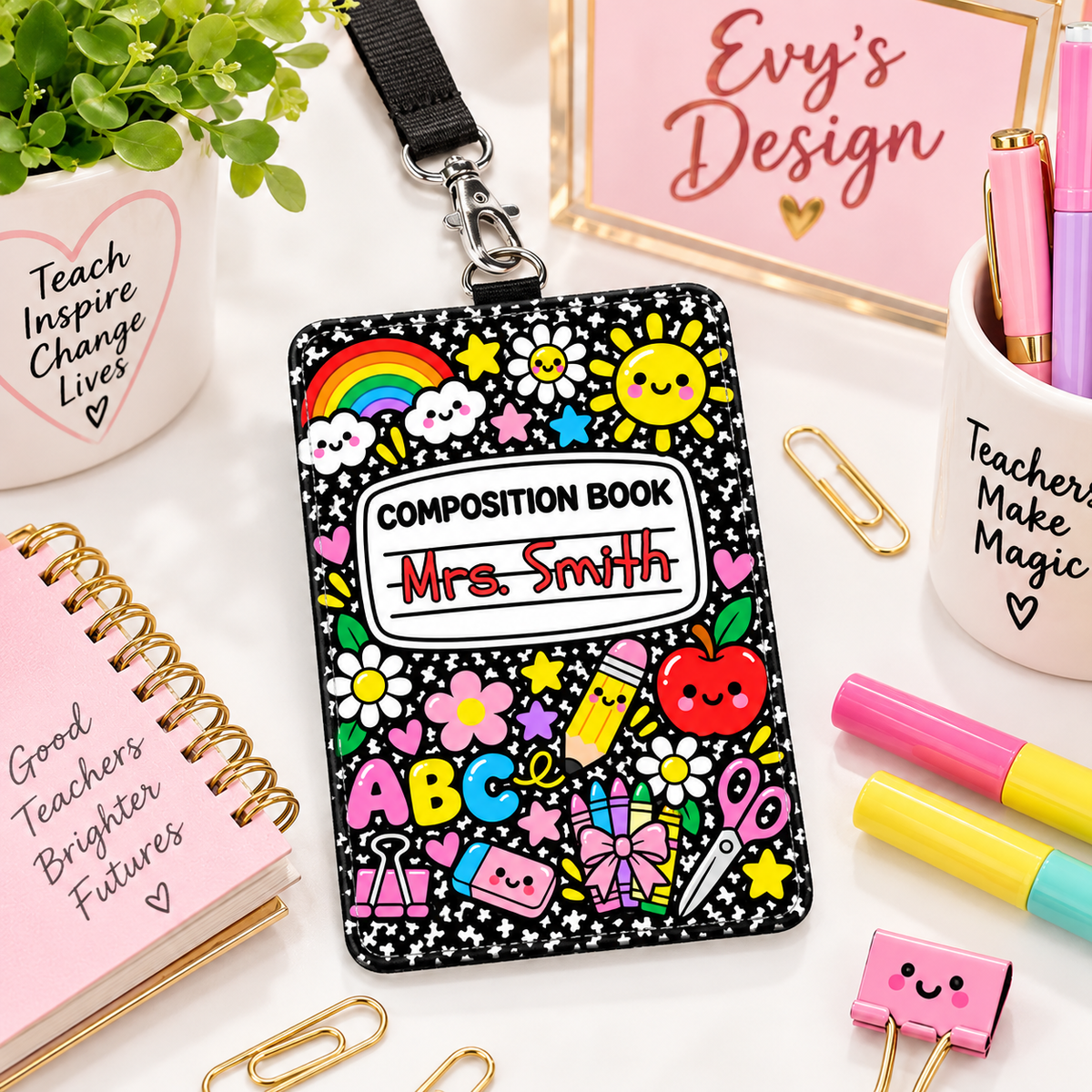 Personalized Teacher ID Holder – Composition Book Design
