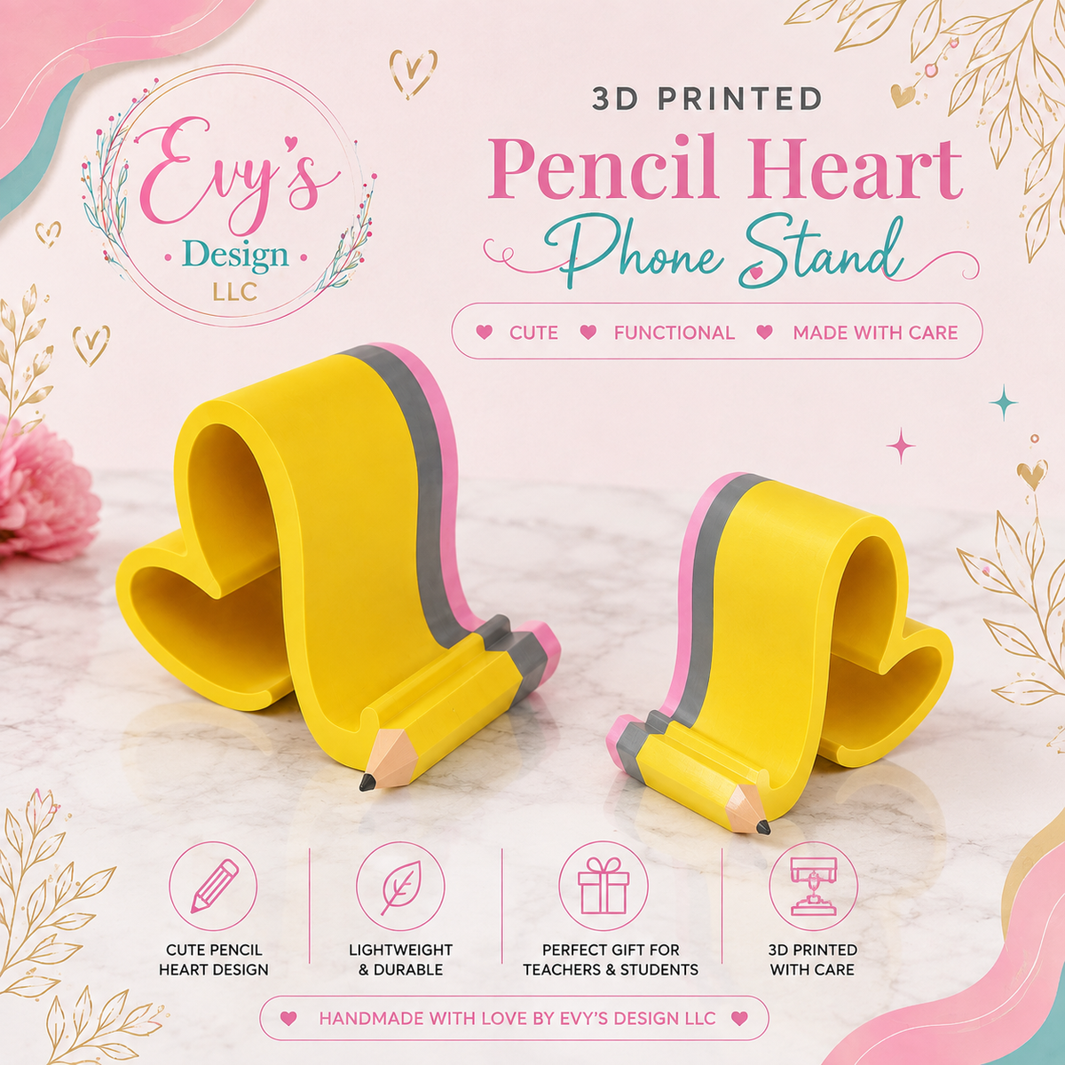 3D Printed Pencil Heart Phone Stand | Teacher Desk Accessory