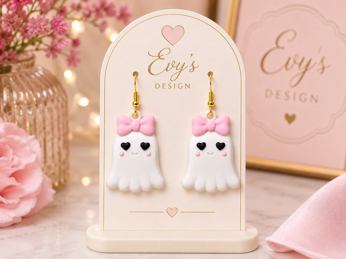 Pink Bow Ghost Earrings | Cute Halloween Earrings | Gold or Silver Hooks