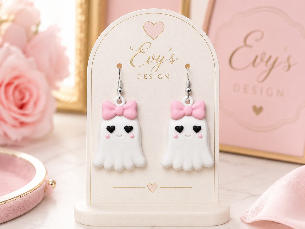 Pink Bow Ghost Earrings | Cute Halloween Earrings | Gold or Silver Hooks