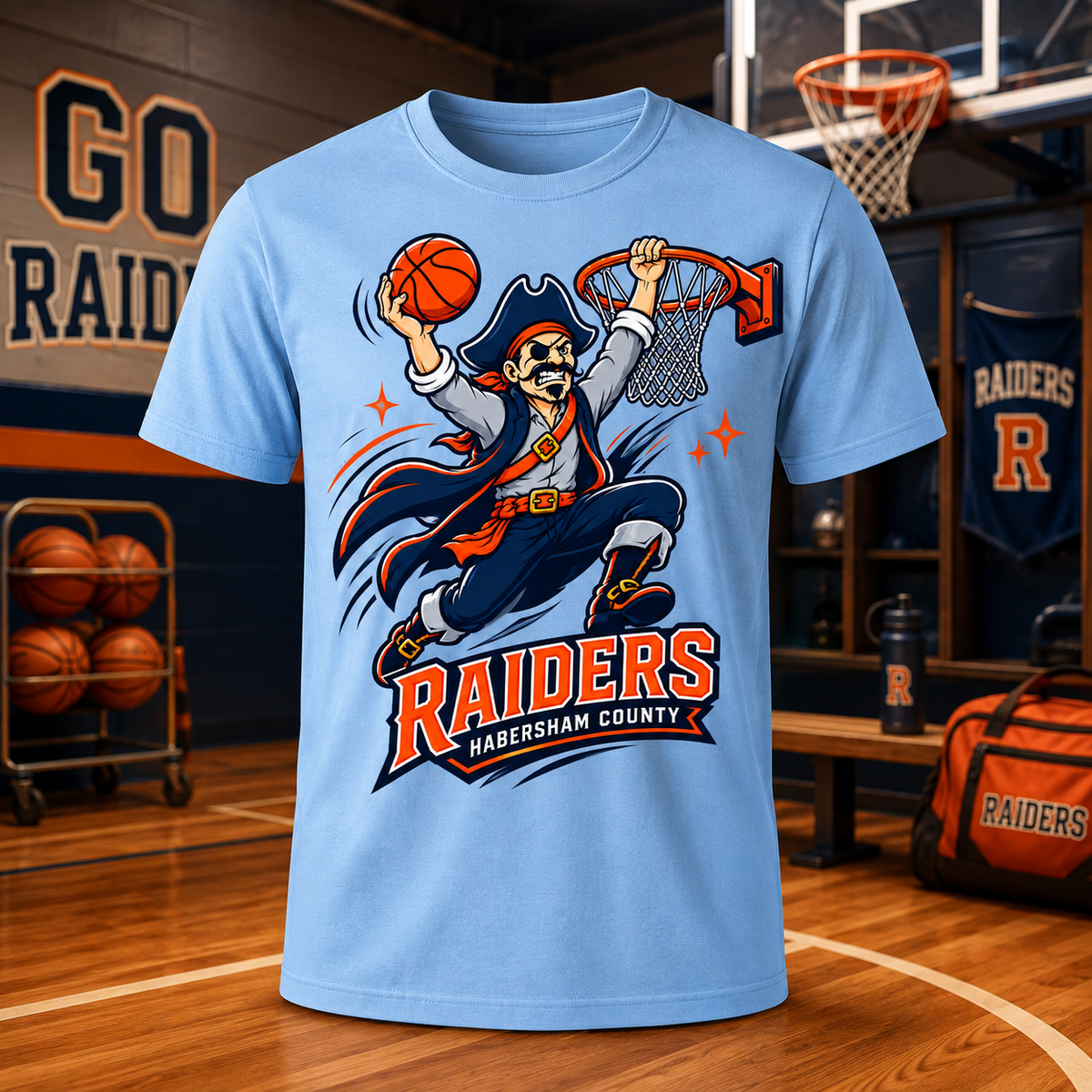 Habersham County Raiders Basketball Pirate T-Shirt 🏀🧡💙