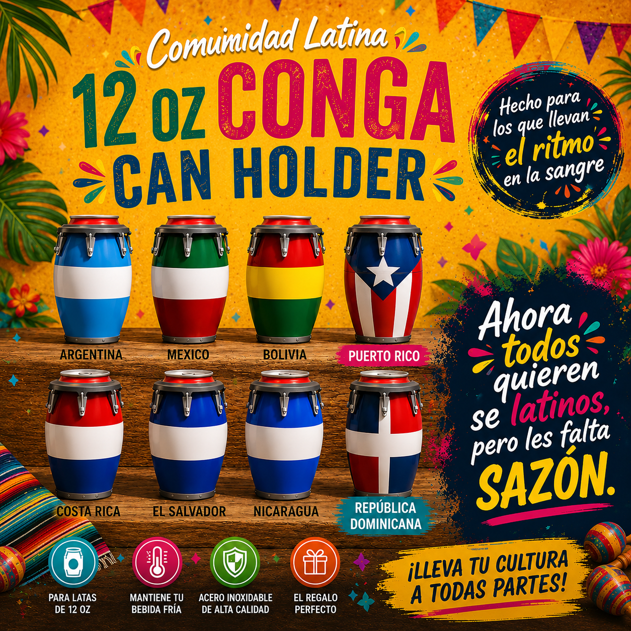 12 oz Latin Pride Conga Can Holder Collection 🌎🥤