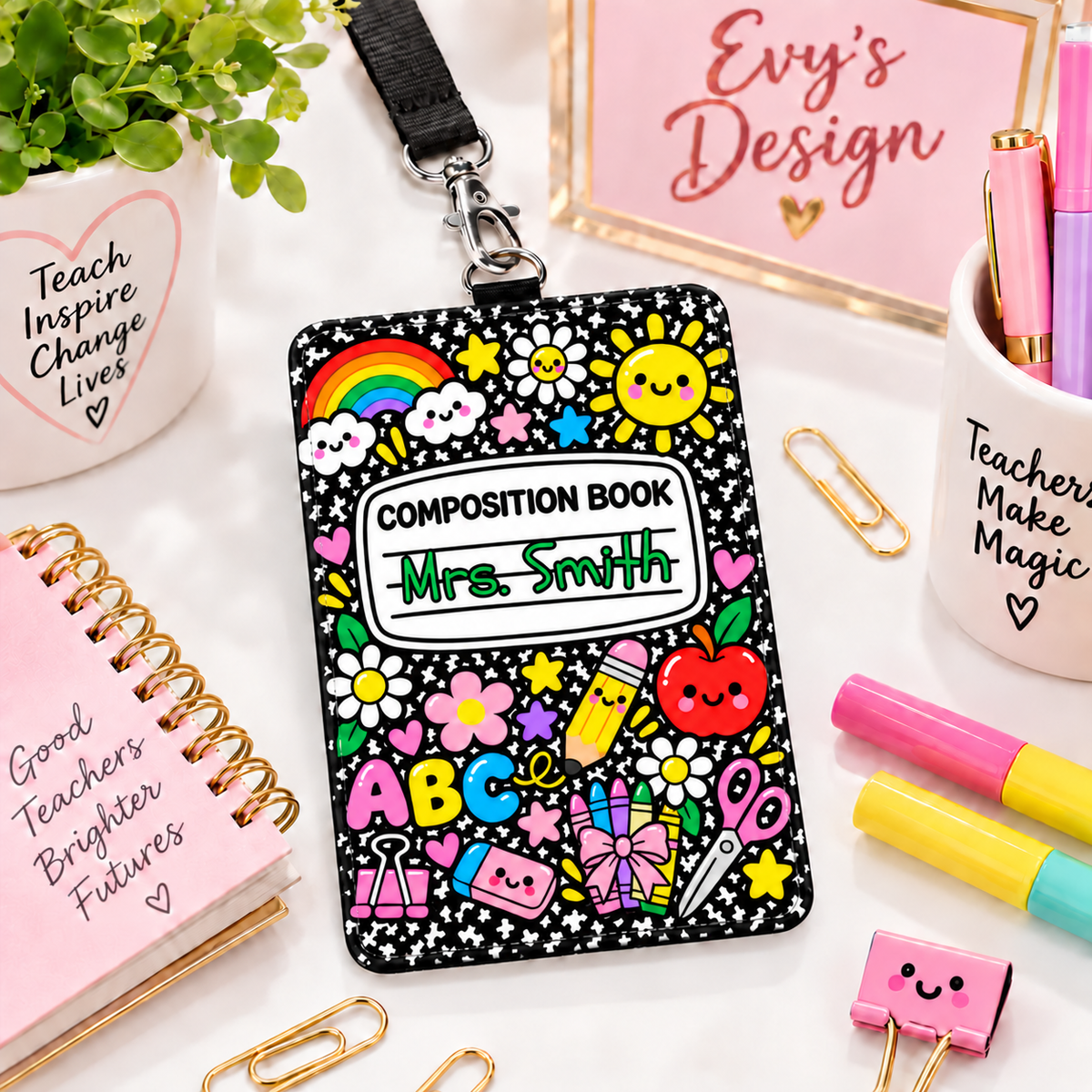 Personalized Teacher ID Holder – Composition Book Design