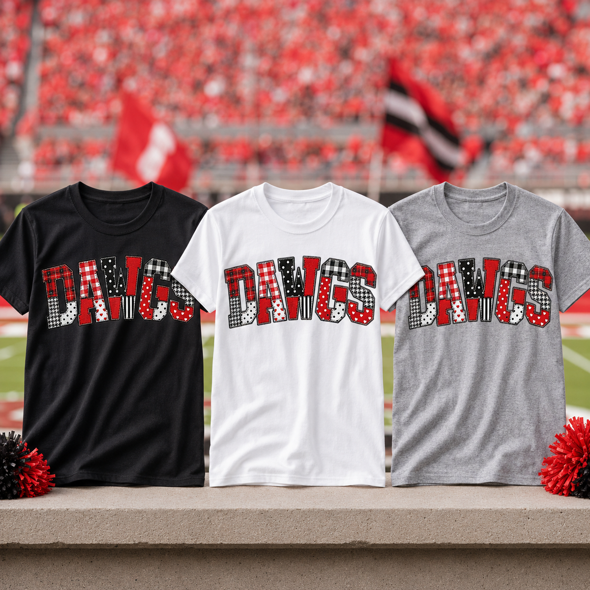 Patchwork DAWGS Spirit Shirt | Red, Black & White Game Day Tee