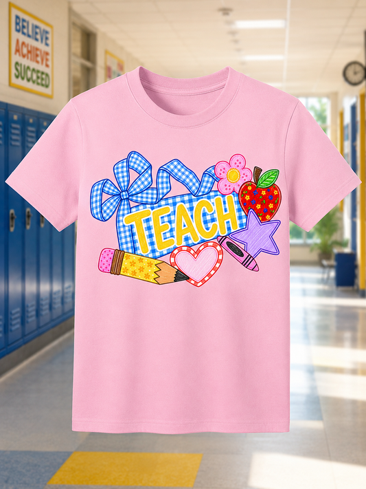 Teacher TEACH Graphic Tee – Colorful School Shirt