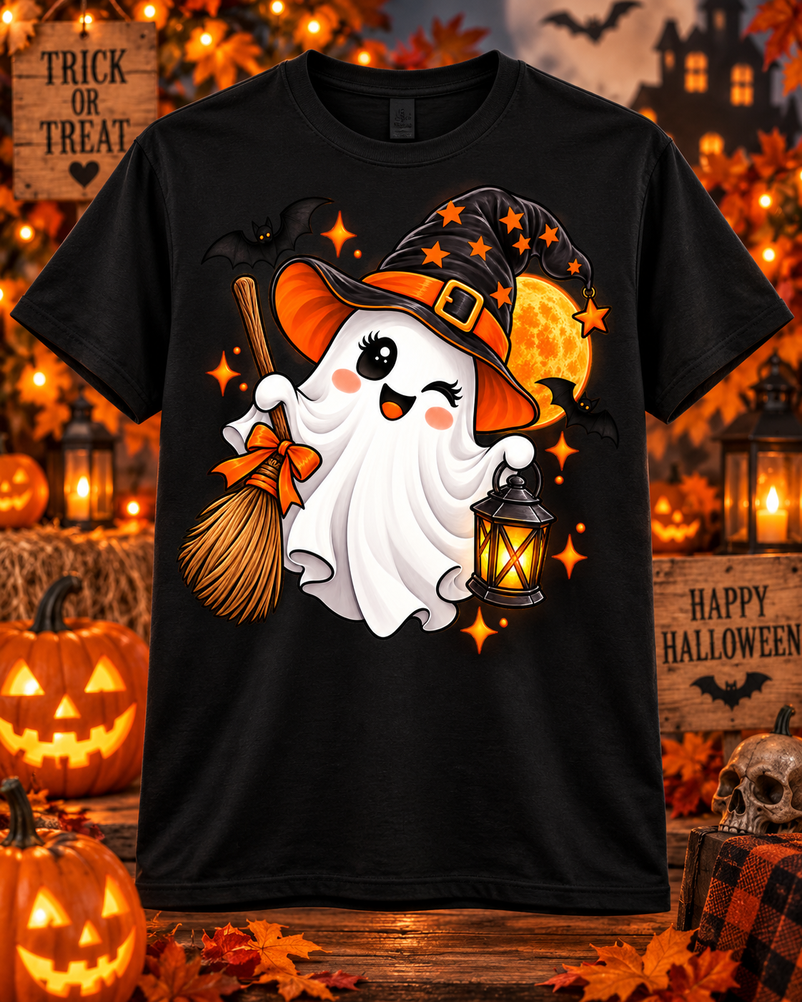 Cute Halloween Ghost Shirt – Witch Hat & Lantern Tee