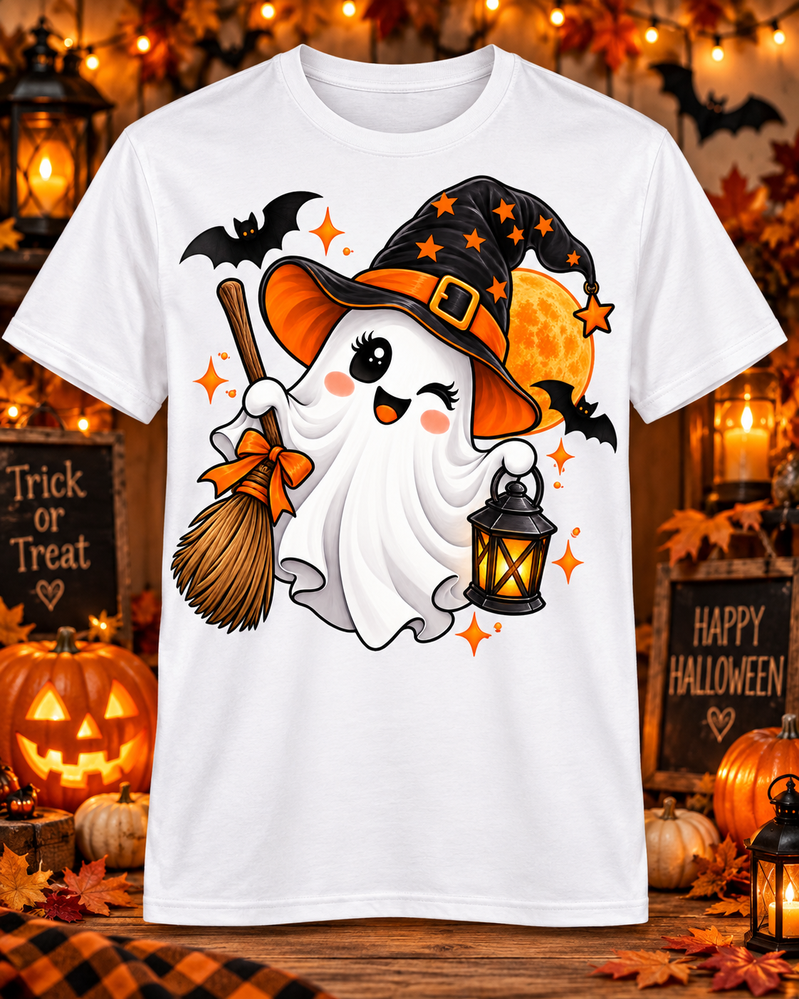 Cute Halloween Ghost Shirt – Witch Hat & Lantern Tee