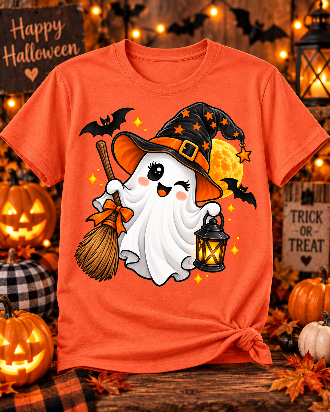Cute Halloween Ghost Shirt – Witch Hat & Lantern Tee