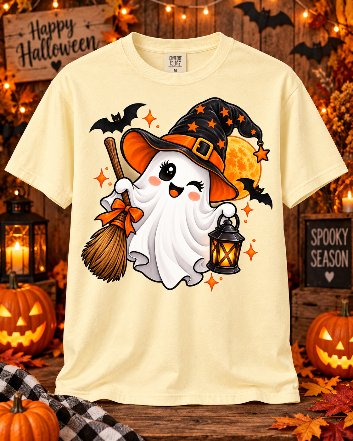 Cute Halloween Ghost Shirt – Witch Hat & Lantern Tee