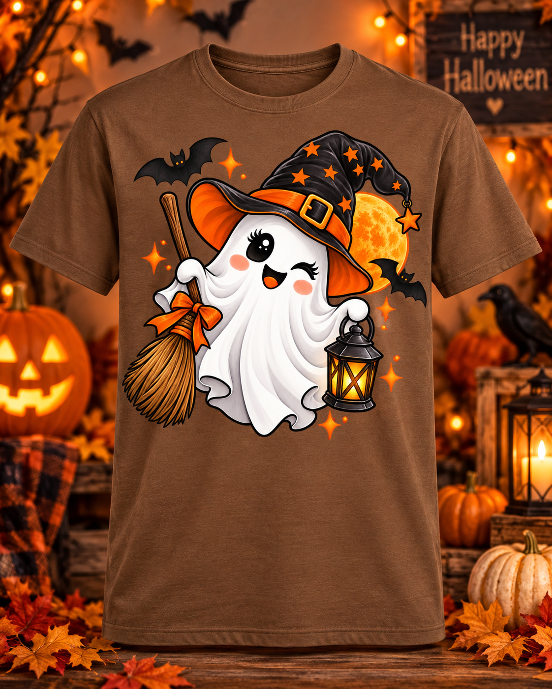 Cute Halloween Ghost Shirt – Witch Hat & Lantern Tee