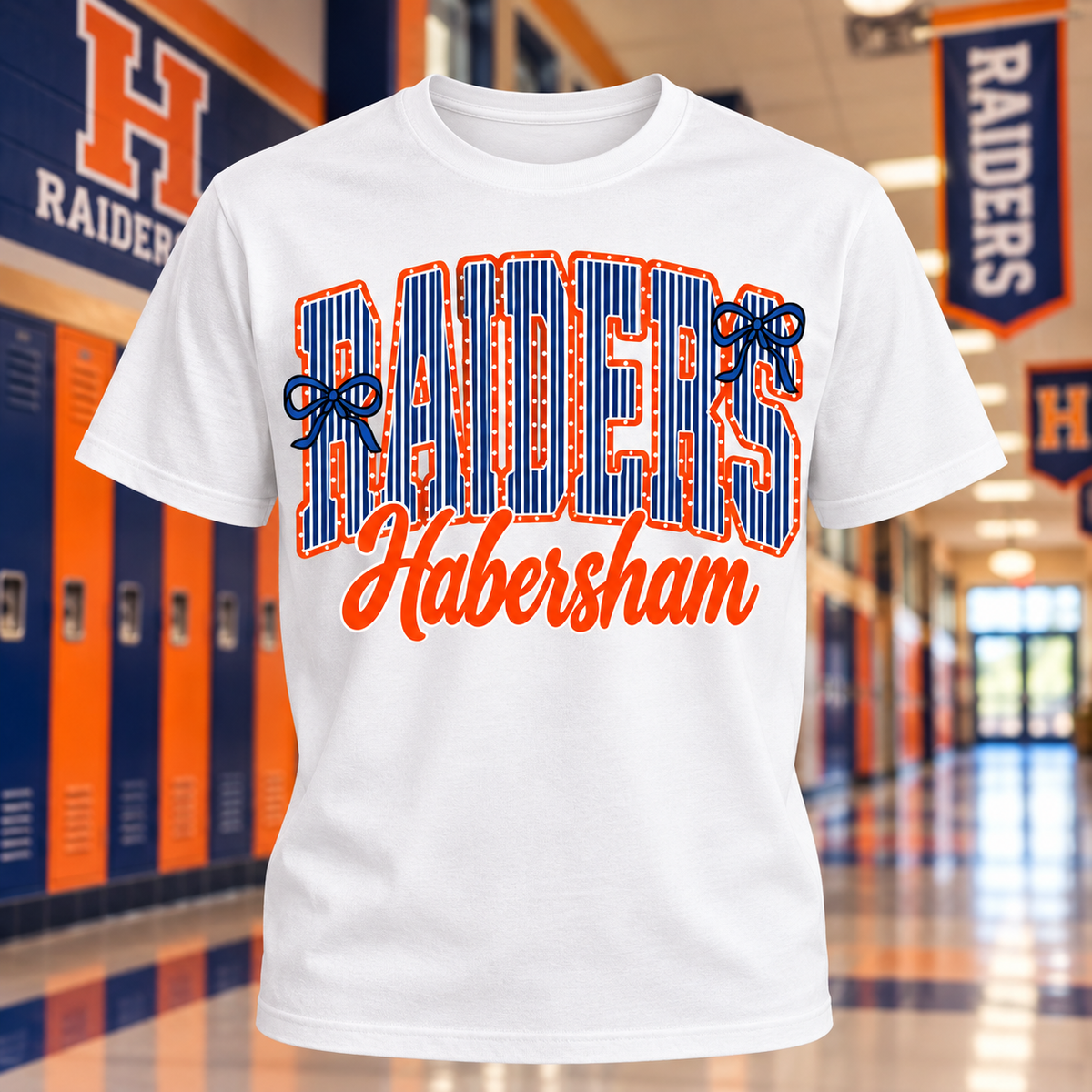 Habersham Raiders Spirit Shirt – Blue & Orange Bow Design