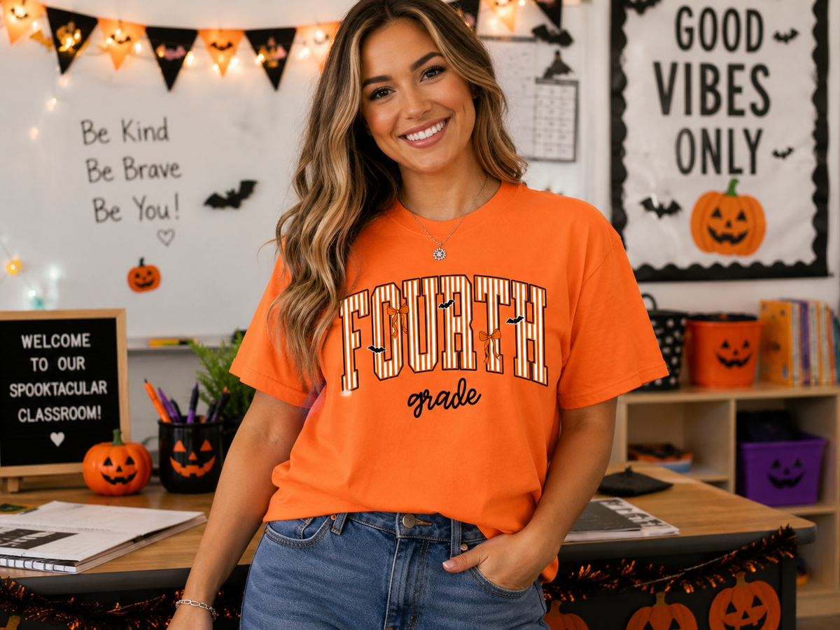 Halloween Grade Level Teacher Shirt | Kindergarten–5th Grade | Custom Stripe Color