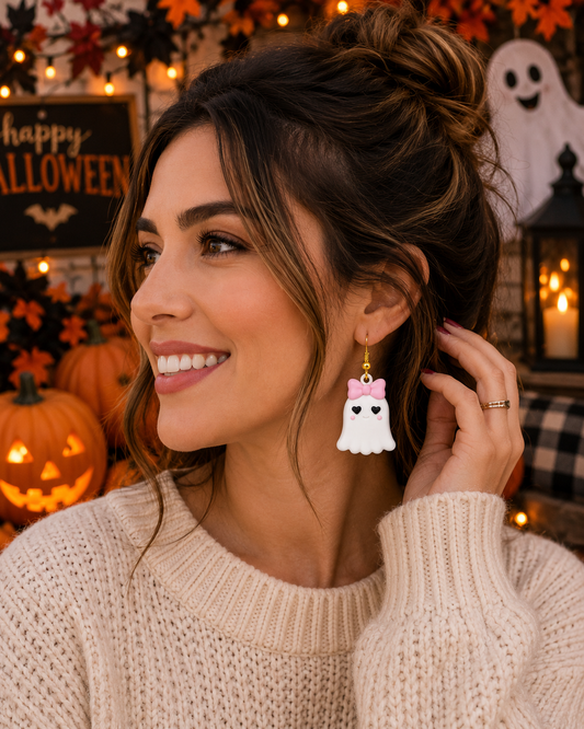 Pink Bow Ghost Earrings | Cute Halloween Earrings | Gold or Silver Hooks