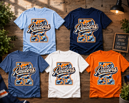 Retro Camo Raiders T-Shirt | Orange, Navy & Light Blue Spirit Shirt