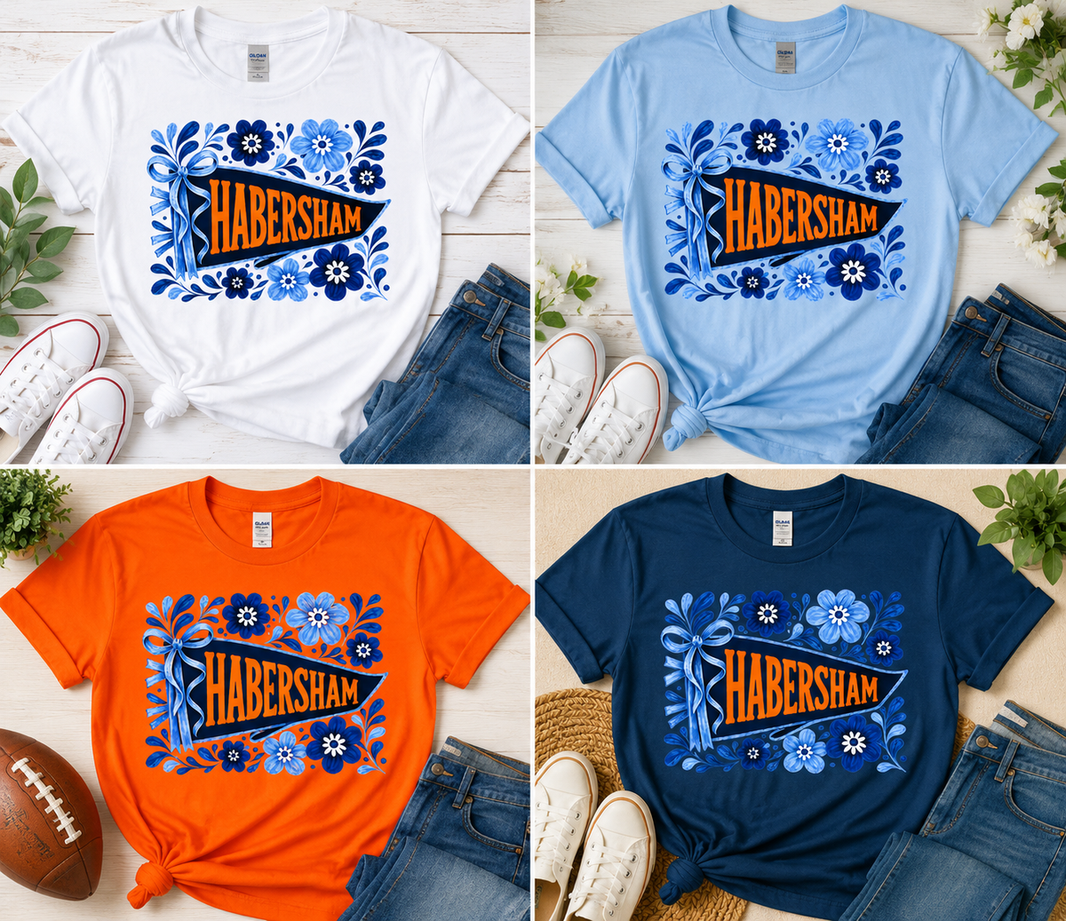 Habersham Floral Pennant School Spirit T-Shirt | Raiders Blue & Orange
