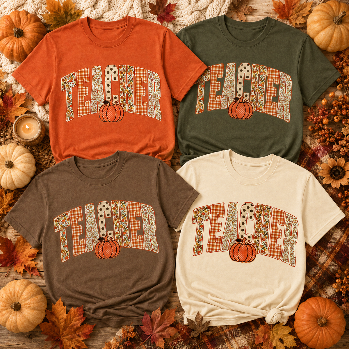 🍂 Fall Teacher T-Shirt – Pumpkin & Autumn Print 🍂