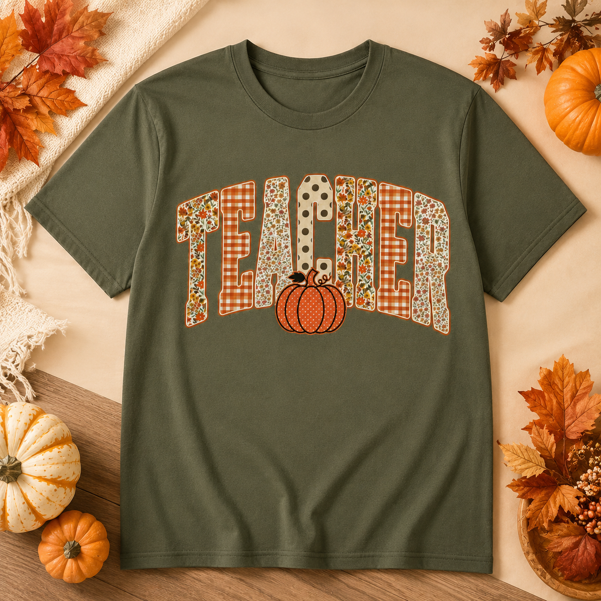 🍂 Fall Teacher T-Shirt – Pumpkin & Autumn Print 🍂