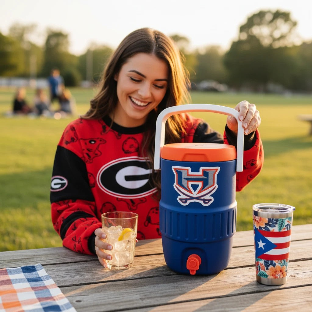 Enfriador de bebidas deportivas azul de Evy's Design con grifo naranja y asa blanca, ideal para exteriores.