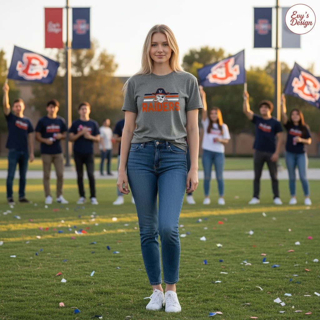 Evy's Design Habersham Raiders t-shirt gris de algodón para mujer, con diseño de calavera y texto "Raiders".
