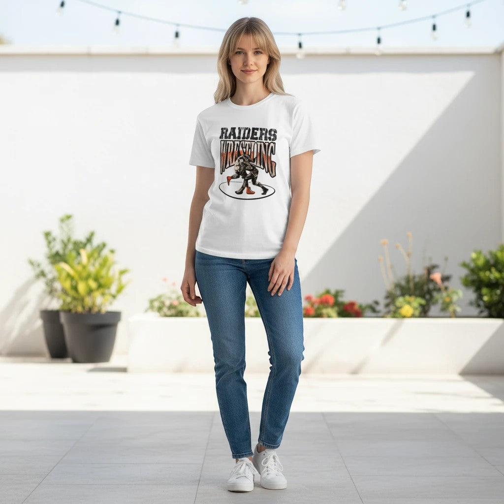Evy's Design Habersham Raiders Wrestling t-shirt with graphic of two wrestlers. White cotton tee.