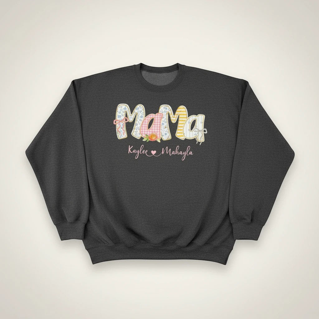 Evy's Design personalized Mama sweatshirt with floral and gingham letters, featuring names Kaylee & Mahayla.