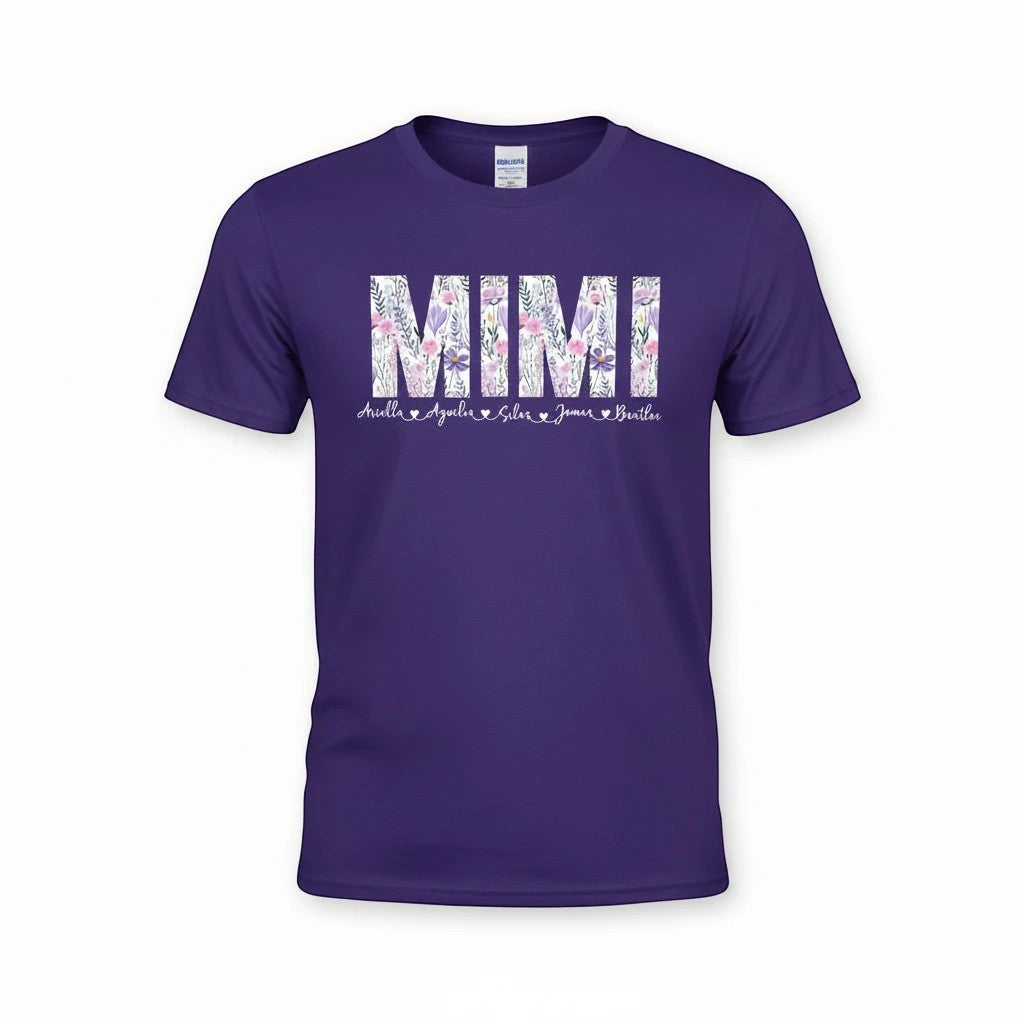 Evy's Design purple t-shirt with "Mimi" in floral print and personalized kids' names below.